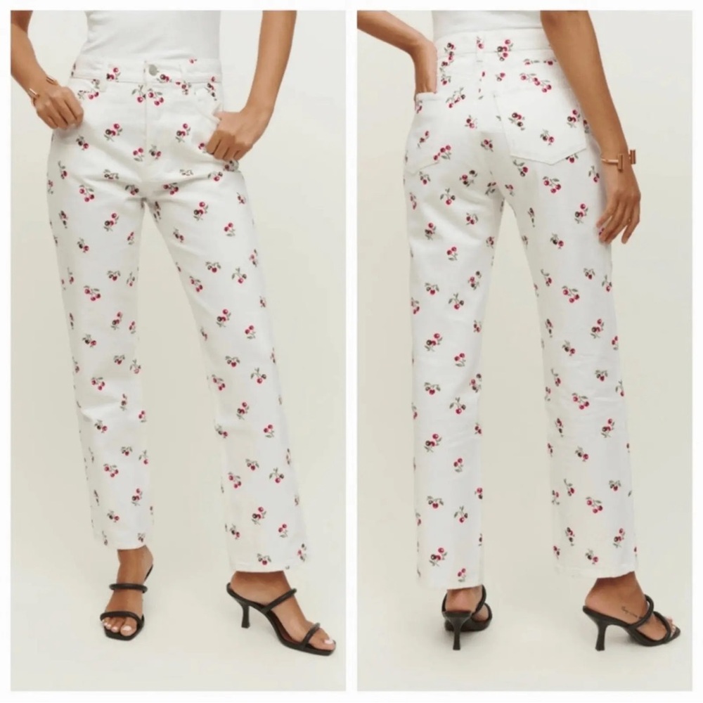 Reformation Jeans Cherries Embroidered High Rise Straight Jeans